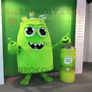 Lime Green Soda Can mascot costume character dressed with a Sweater and Coin purses