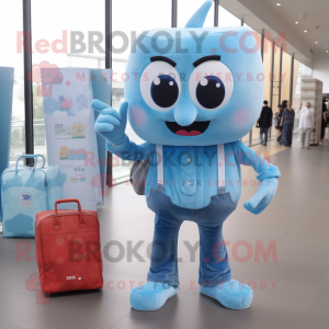 Sky Blue Candy mascot costume character dressed with a Flare Jeans and Wallets