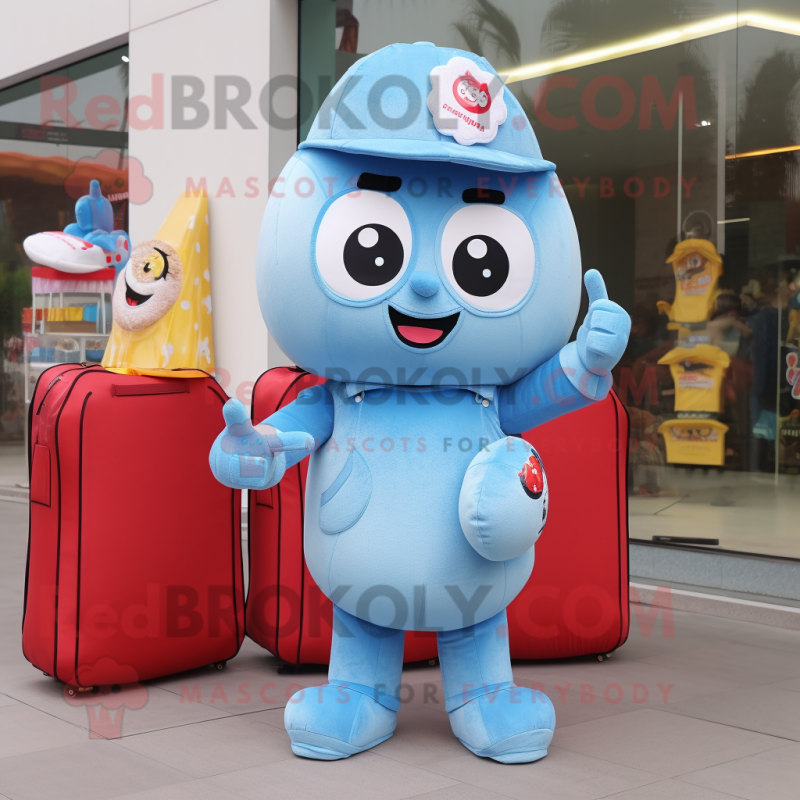 Sky Blue Candy mascot costume character dressed with a Flare Jeans and Wallets Sky Blue Candy mascot costume character dressed with a Flare Jeans and Wallets