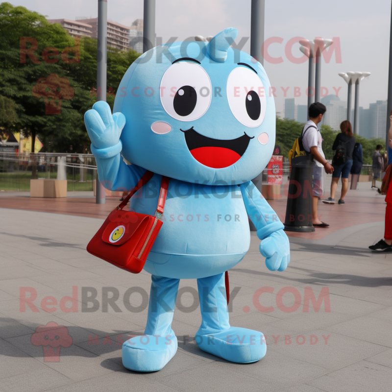 Sky Blue Candy mascot costume character dressed with a Flare Jeans and Wallets