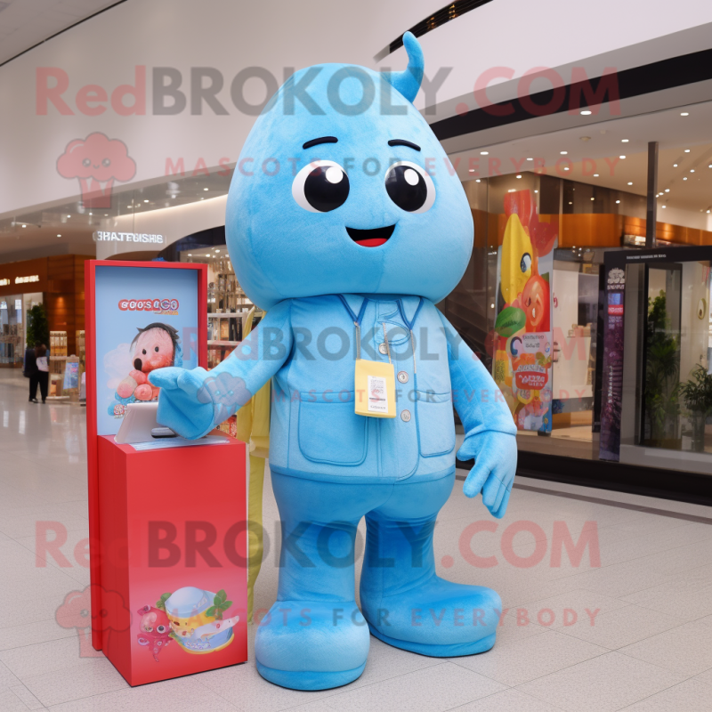 Sky Blue Candy mascot costume character dressed with a Flare Jeans and Wallets