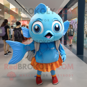 Sky Blue Goldfish mascot costume character dressed with a Shift Dress and Backpacks