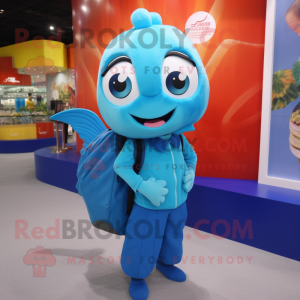 Sky Blue Goldfish mascot costume character dressed with a Shift Dress and Backpacks