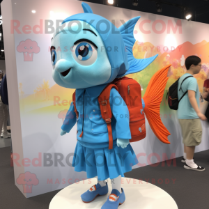 Sky Blue Goldfish mascot costume character dressed with a Shift Dress and Backpacks