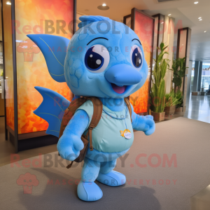 Sky Blue Goldfish mascot costume character dressed with a Shift Dress and Backpacks