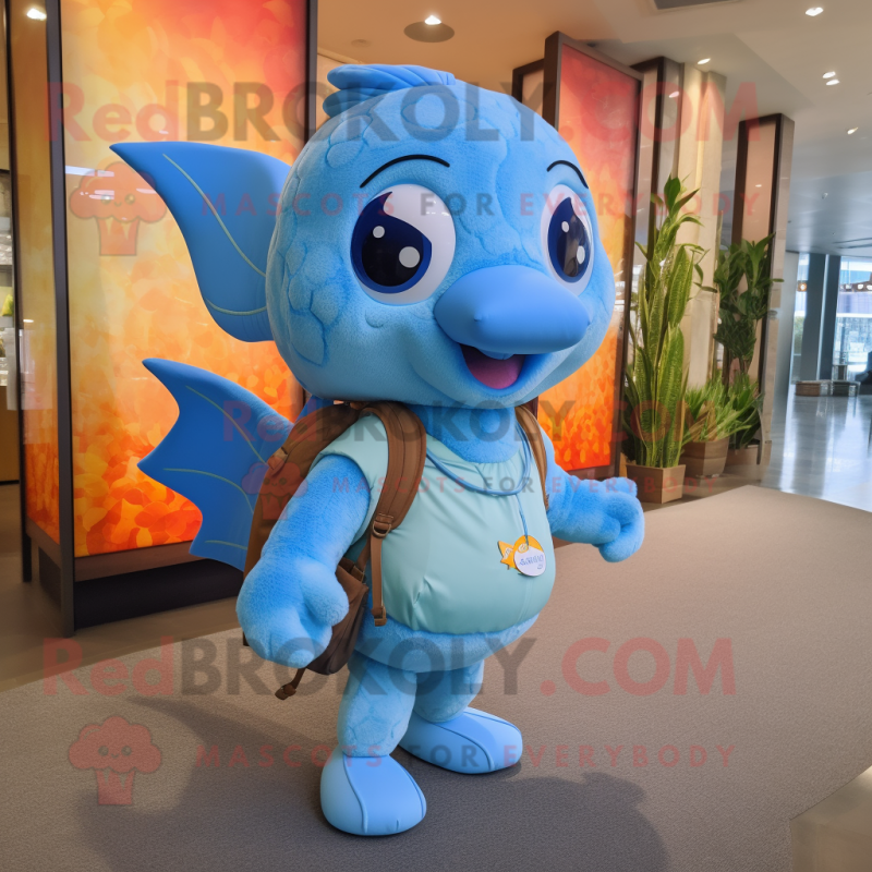 Sky Blue Goldfish mascot costume character dressed with a Shift Dress and Backpacks Sky Blue Goldfish mascot costume character dressed with a Shift Dress and Backpacks