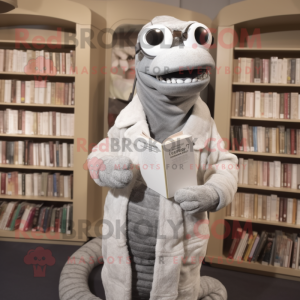Silver Titanoboa mascot costume character dressed with a Cardigan and Reading glasses