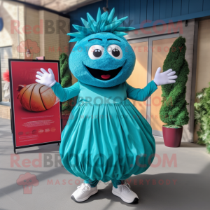 Teal Meatballs mascot costume character dressed with a Pleated Skirt and Headbands