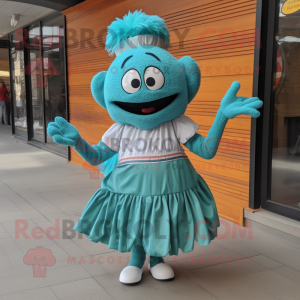 Teal Meatballs mascot costume character dressed with a Pleated Skirt and Headbands