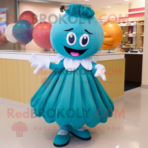 Teal Meatballs mascot costume character dressed with a Pleated Skirt and Headbands