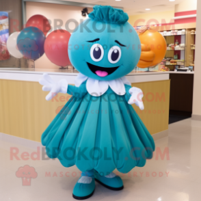 Teal Meatballs mascot costume character dressed with a Pleated Skirt and Headbands