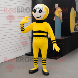 Yellow Mime mascot costume character dressed with a Turtleneck and Hair clips