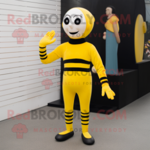 Yellow Mime mascot costume character dressed with a Turtleneck and Hair clips