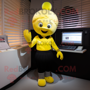 Yellow Mime mascot costume character dressed with a Turtleneck and Hair clips