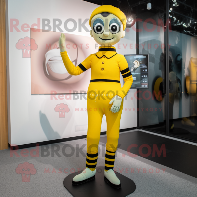 Yellow Mime mascot costume character dressed with a Turtleneck and Hair clips