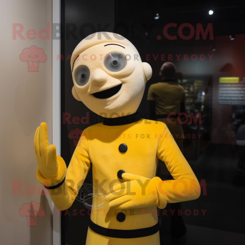 Yellow Mime mascot costume character dressed with a Turtleneck and Hair clips