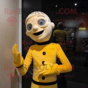 Yellow Mime mascot costume character dressed with a Turtleneck and Hair clips