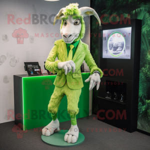 Lime Green Goat mascot costume character dressed with a Suit Pants and Digital watches