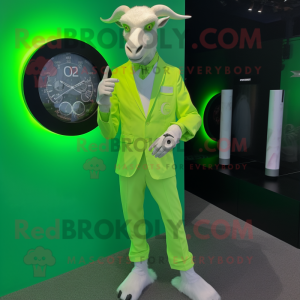 Lime Green Goat mascot costume character dressed with a Suit Pants and Digital watches