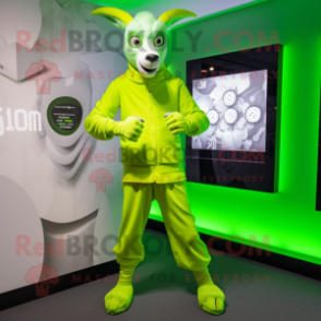 Lime Green Goat mascot costume character dressed with a Suit Pants and Digital watches