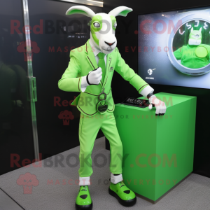 Lime Green Goat mascot costume character dressed with a Suit Pants and Digital watches