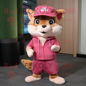 Pink Chipmunk mascot costume character dressed with a Corduroy Pants and Hats
