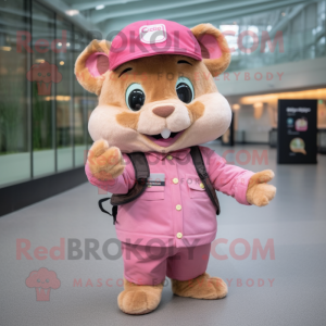 Pink Chipmunk mascot costume character dressed with a Corduroy Pants and Hats