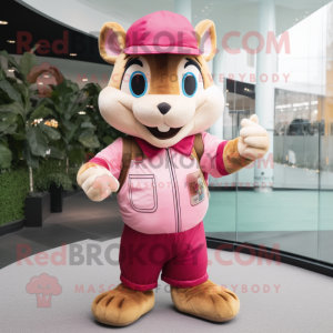 Pink Chipmunk mascot costume character dressed with a Corduroy Pants and Hats