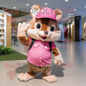 Pink Chipmunk mascot costume character dressed with a Corduroy Pants and Hats