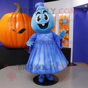 Blue Pumpkin mascot costume character dressed with a Pleated Skirt and Cufflinks