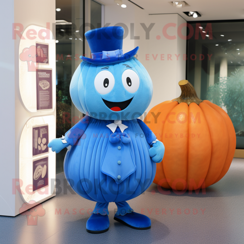 Blue Pumpkin mascot costume character dressed with a Pleated Skirt and Cufflinks Blue Pumpkin mascot costume character dressed with a Pleated Skirt and Cufflinks