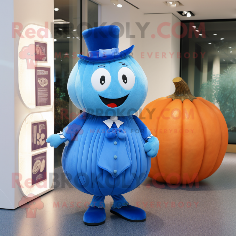 Blue Pumpkin mascot costume character dressed with a Pleated Skirt and Cufflinks