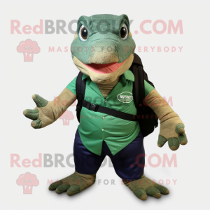 Forest Green Komodo Dragon mascot costume character dressed with a Oxford Shirt and Messenger bags