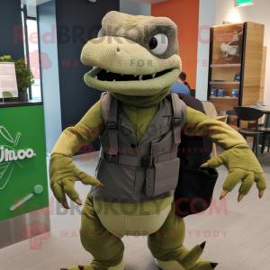 Forest Green Komodo Dragon mascot costume character dressed with a Oxford Shirt and Messenger bags