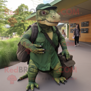 Forest Green Komodo Dragon mascot costume character dressed with a Oxford Shirt and Messenger bags