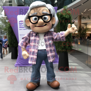 Lavender Trapeze Artist mascot costume character dressed with a Flannel Shirt and Eyeglasses