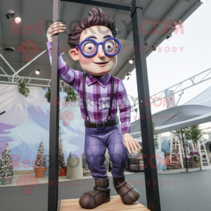 Lavender Trapeze Artist mascot costume character dressed with a Flannel Shirt and Eyeglasses