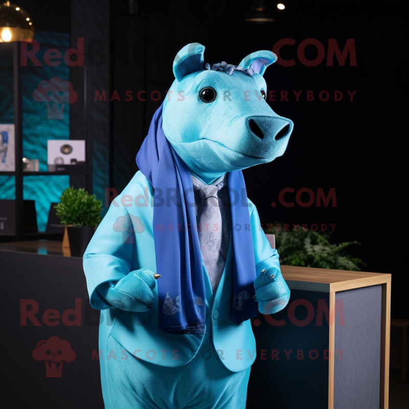 Cyan Tapir mascot costume character dressed with a Suit Jacket and Shawls