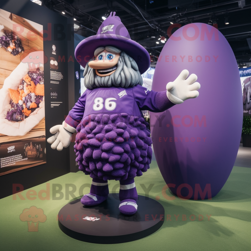 Purple Rugby Ball mascot costume character dressed with a Ball Gown and Beanies Purple Rugby Ball mascot costume character dressed with a Ball Gown and Beanies