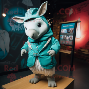 Teal Armadillo mascot costume character dressed with a Hoodie and Ties