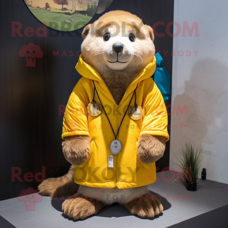 Yellow Otter mascot costume character dressed with a Parka and Necklaces