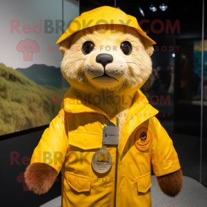 Yellow Otter mascot costume character dressed with a Parka and Necklaces