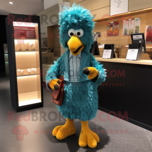 Teal Fried Chicken mascot costume character dressed with a Vest and Clutch bags