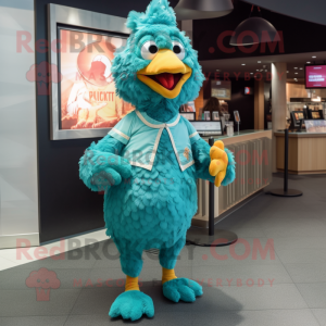 Teal Fried Chicken mascot costume character dressed with a Vest and Clutch bags