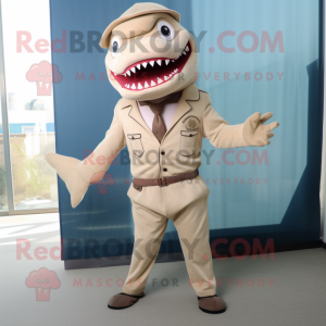 Beige Shark mascot costume character dressed with a Suit Pants and Shoe clips