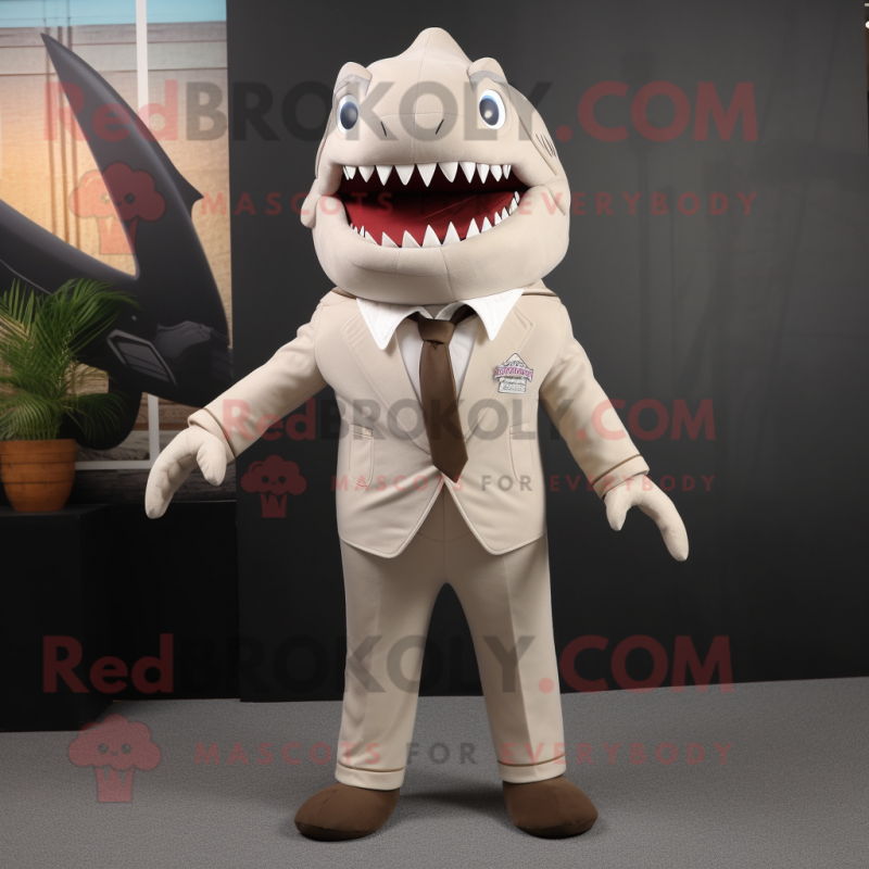 Beige Shark mascot costume character dressed with a Suit Pants and Shoe clips