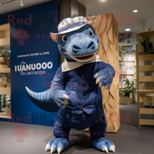 Navy Iguanodon mascot costume character dressed with a Playsuit and Wraps