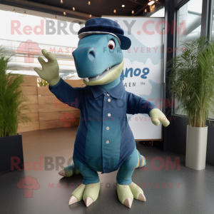 Navy Iguanodon mascot costume character dressed with a Playsuit and Wraps