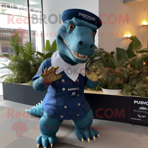 Navy Iguanodon mascot costume character dressed with a Playsuit and Wraps