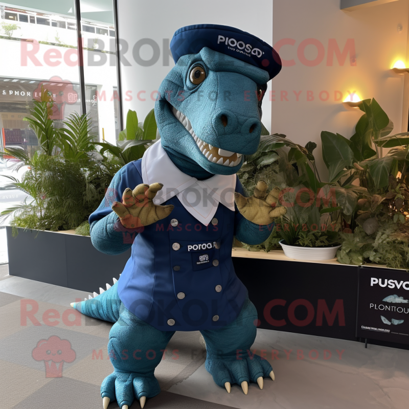 Navy Iguanodon mascot costume character dressed with a Playsuit and Wraps Navy Iguanodon mascot costume character dressed with a Playsuit and Wraps